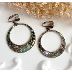Abalone Crescent Moon Hoop Sterling Silver Mexican Southwest Clip on Earrings